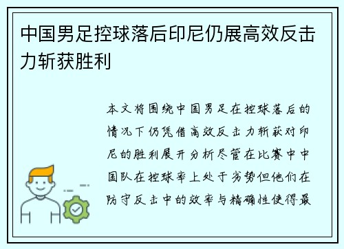 中国男足控球落后印尼仍展高效反击力斩获胜利